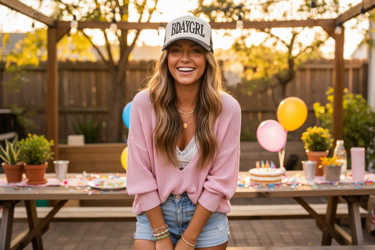 Female wearing BDAYGRL Trucker Hat